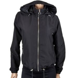 Suzy Shier Soft Shell Hooded Jacket Black Drawstring Adjustable Spring Fall